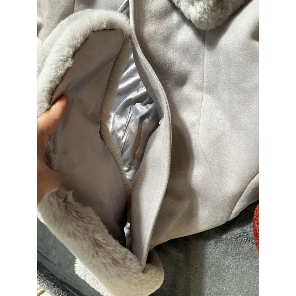 Forever21 Women Faux Fur-Trim Faux Suede Wrap Coat Sz M Grey - Picture 5 of 16